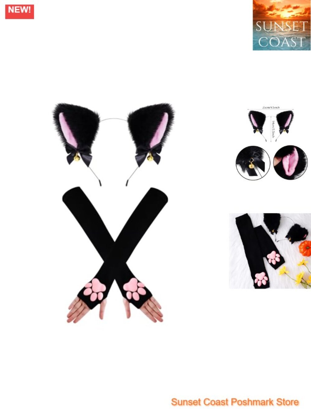 Cat Cosplay Costume Gloves Mittens Faux Fur Cat Dog Ears Headband for Women